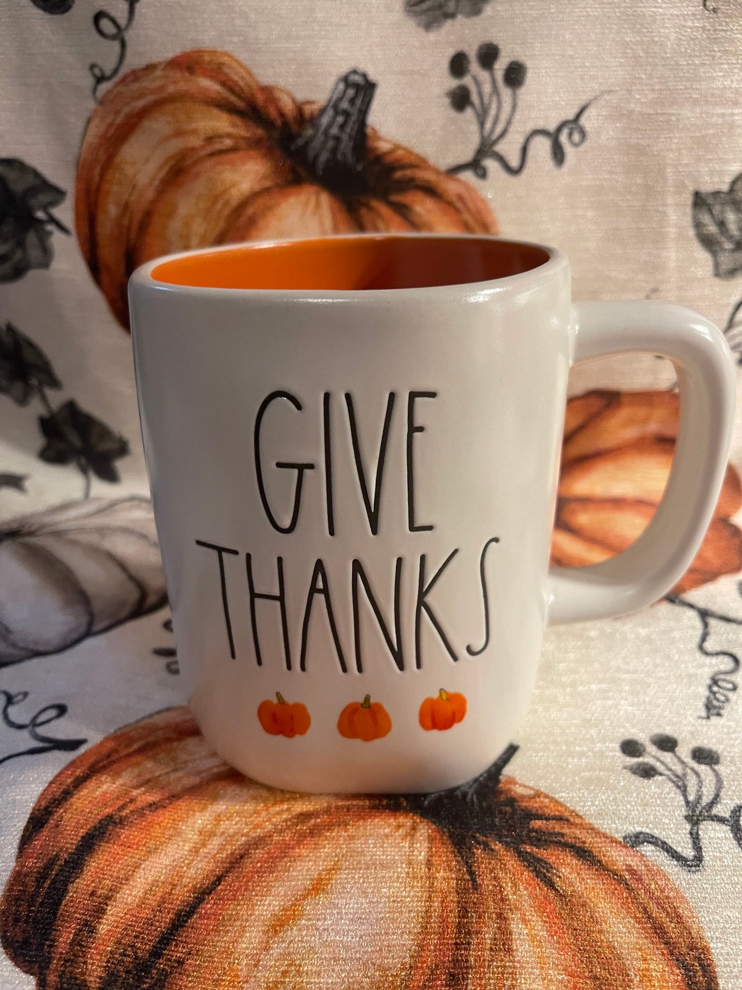 Rae Dunn Give Thanks Orange Inside with Black Lettering and Pumpkin Images