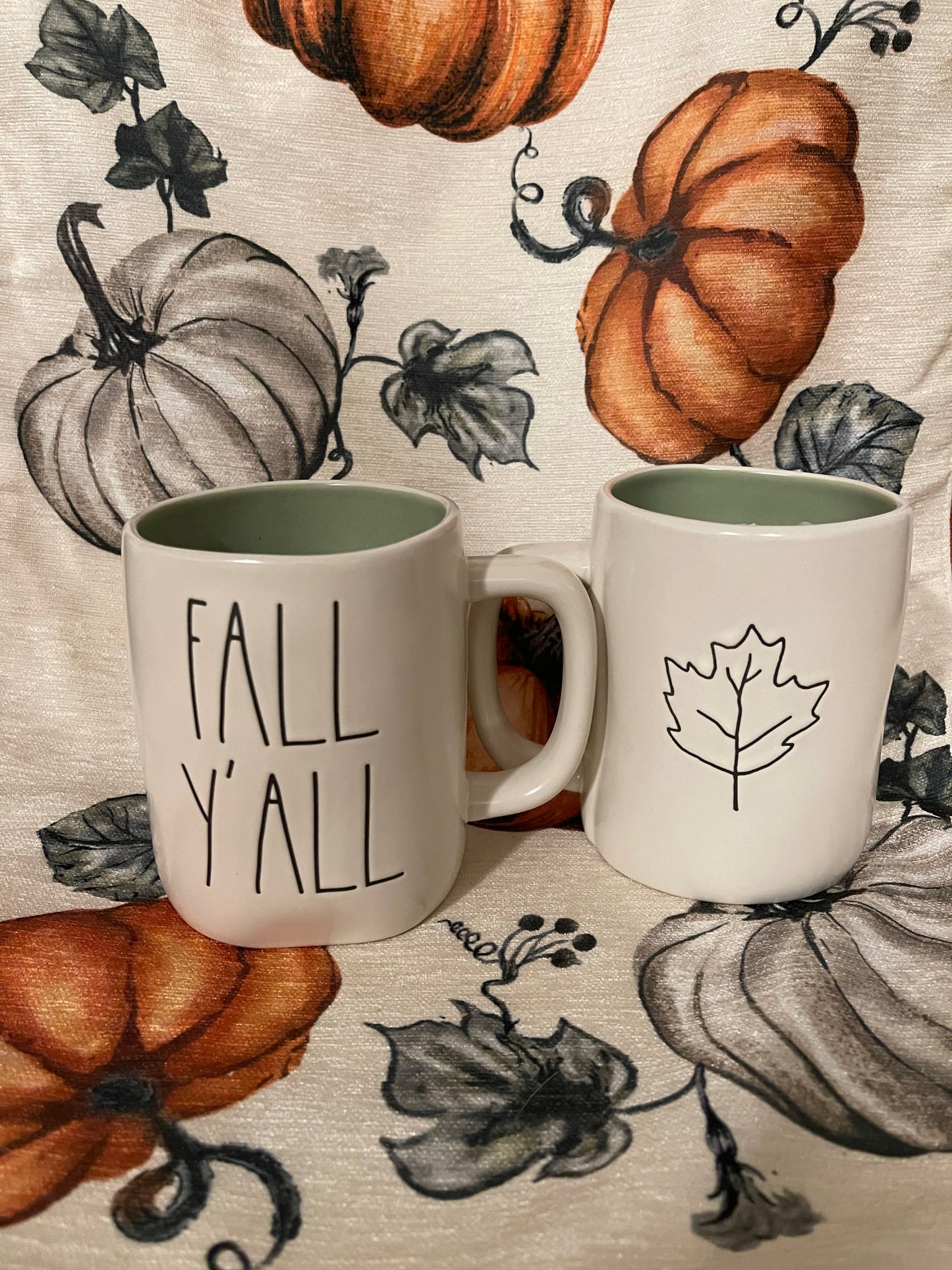 Rae Dunn Fall Y'All Mug White with Green Inside and Leaf Image on Back