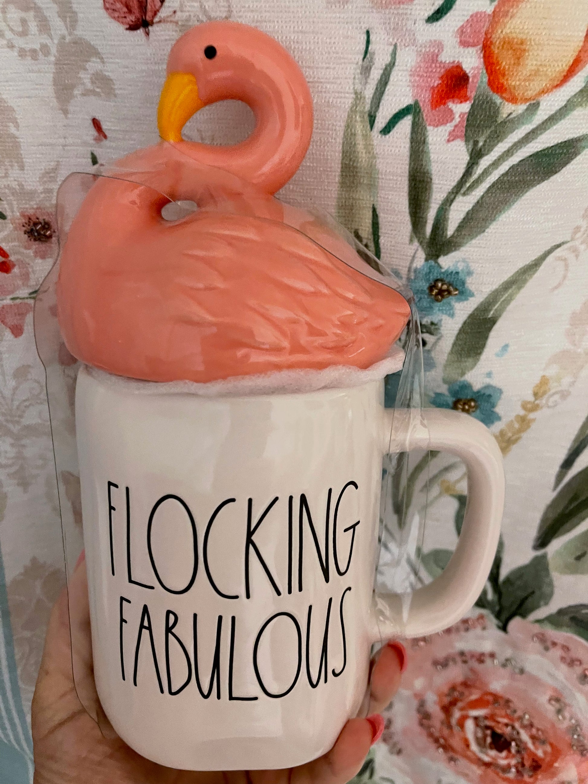 Rae Dunn Flocking Fabulous Pink Flamingo Topper, White Mug with Black Lettering 