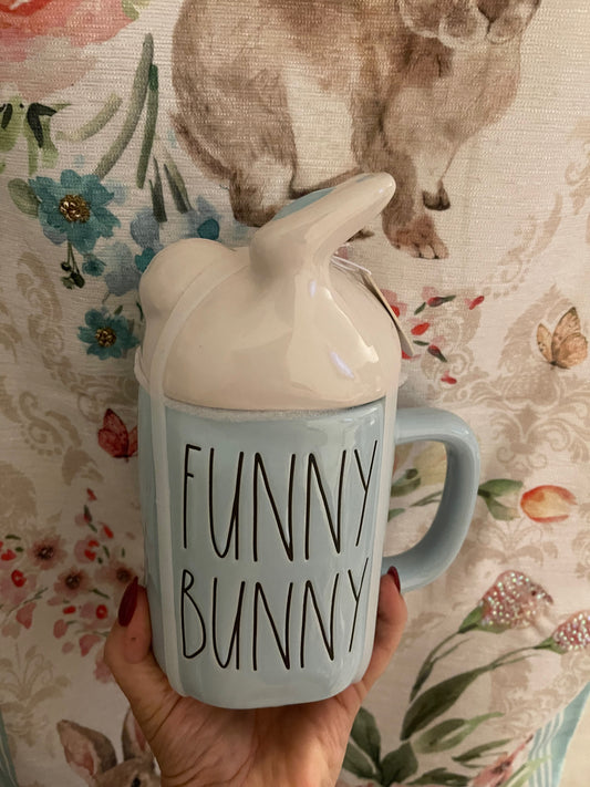 Rae Dunn Funny Bunny Blue with White Bunny Feet Topper and Black Lettering