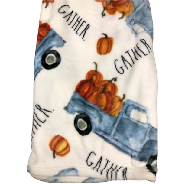 Rae Dunn Gather Fall Pumpkin Truck Autumn Printed Plush Throw Blanket 50" x 70"