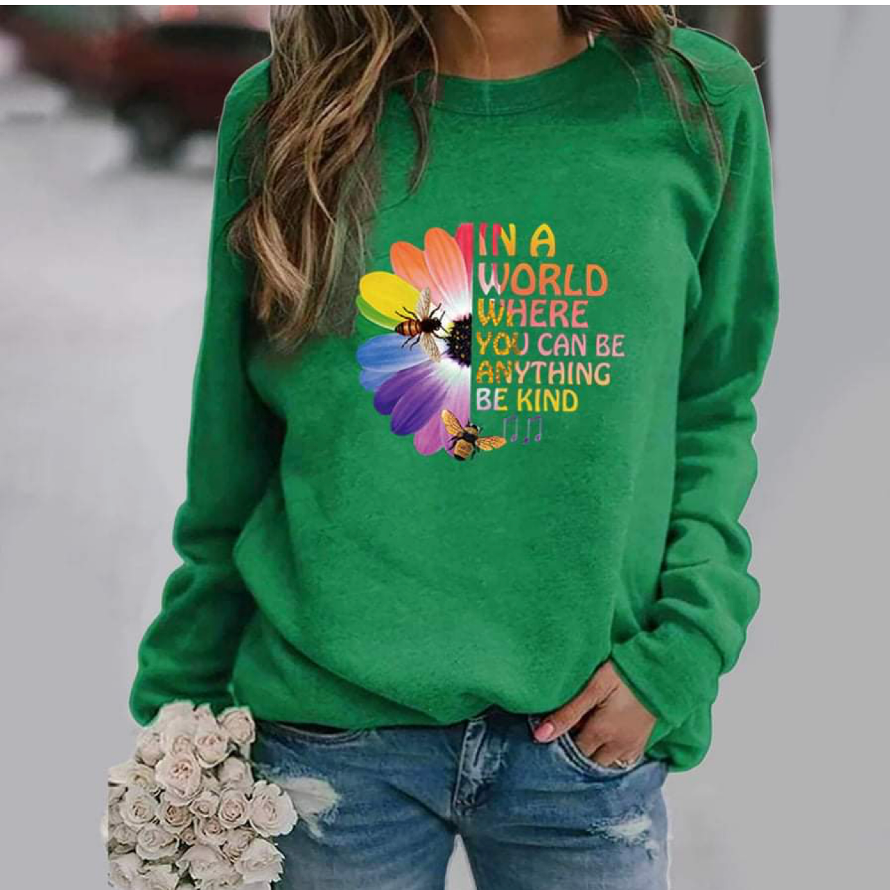 Women's In a World Where You Can Be Anything Be Kind Crew Neck Sweat Shirt