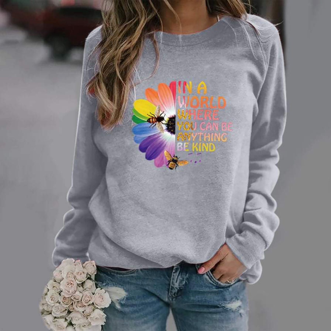 Women's In a World Where You Can Be Anything Be Kind Crew Neck Sweat Shirt