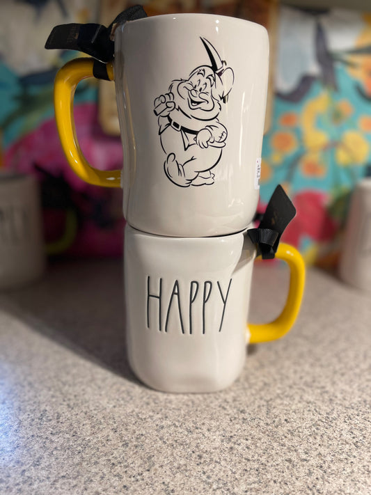 Rae Dunn Disney Happy White Cup with Yellow Handle and Inside with image of Dwarf on back