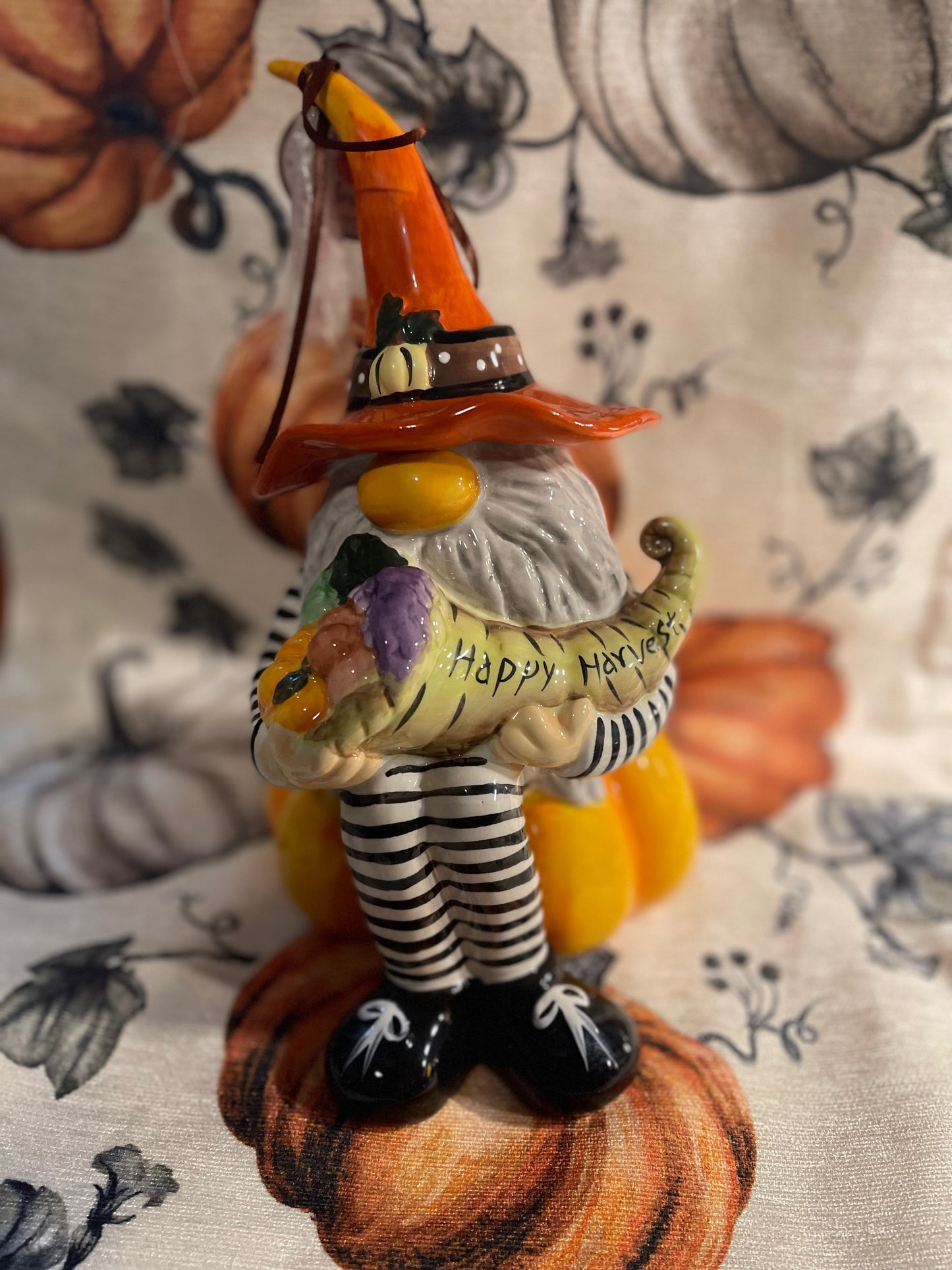 Blue Sky Happy Harvest Wizard Gnome Sitting on Pumpkin