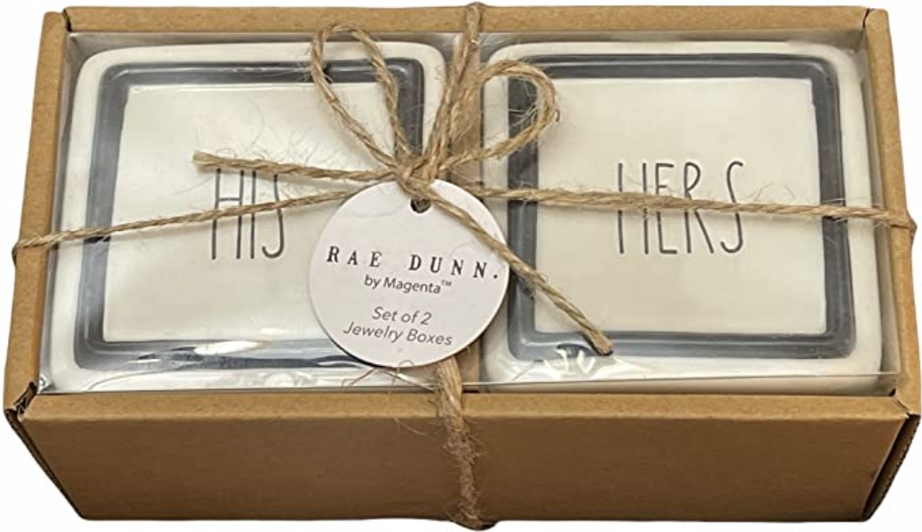 Rae Dunn His/Hers Wedding Ring Box Boxes with White and Black Lettering