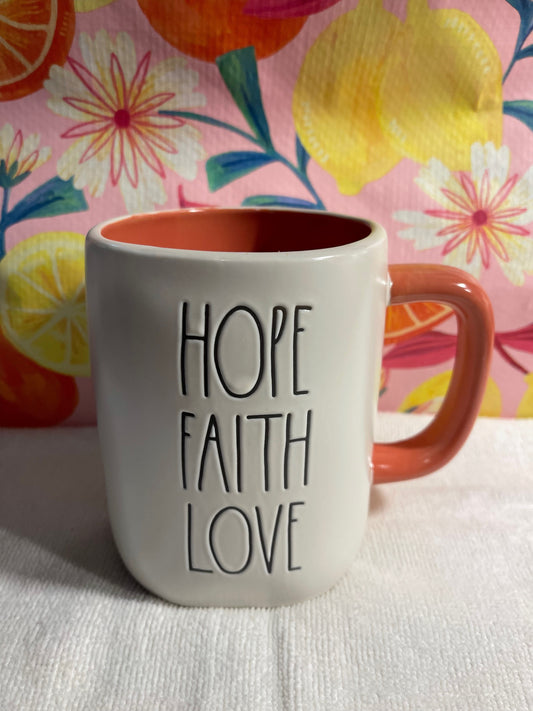 Rae Dunn Hope, Faith, Love Orange Inside and Handle with Black Lettering