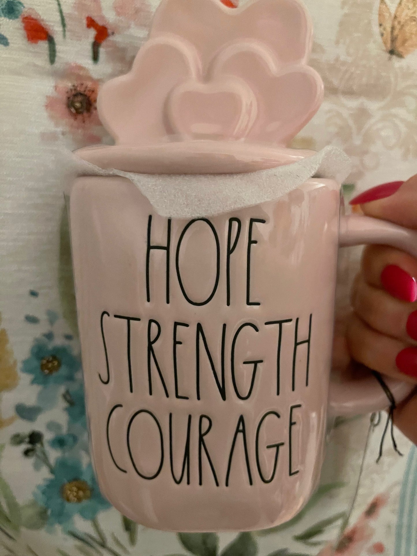 Rae Dunn Hope, Strength, Courage Pink Heart Topper with Black Lettering