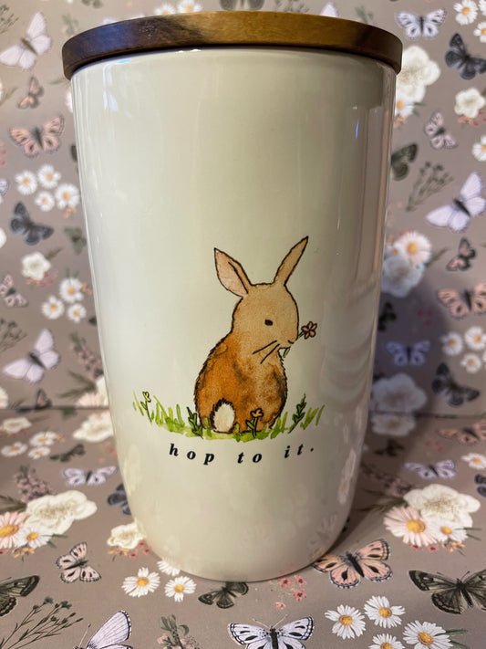 Rae Dunn Hop To It Canister with Image of Bunny on Front and Wood Lid