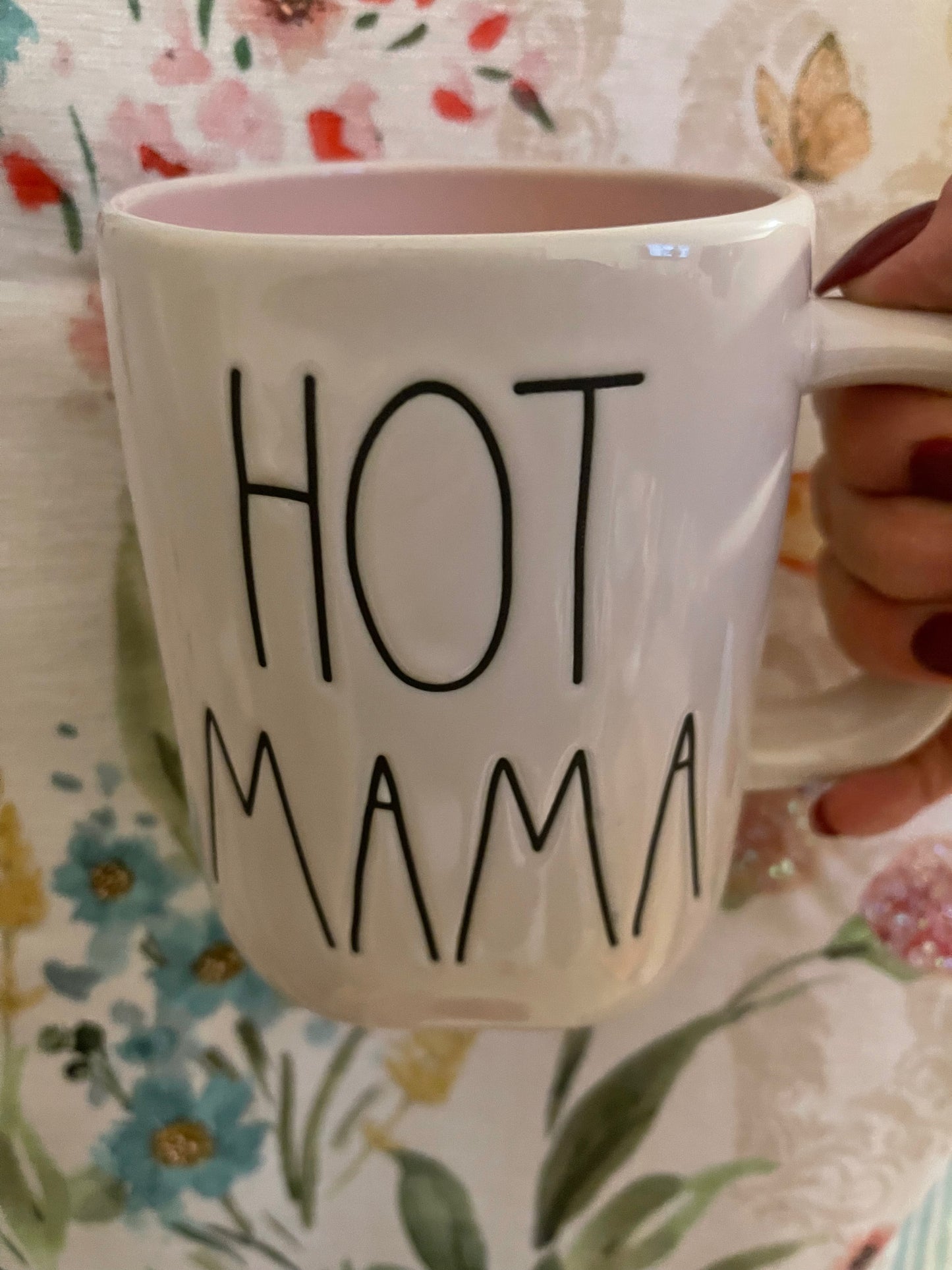 Rae Dunn Hot Mama with Pink Inside and Black Lettering