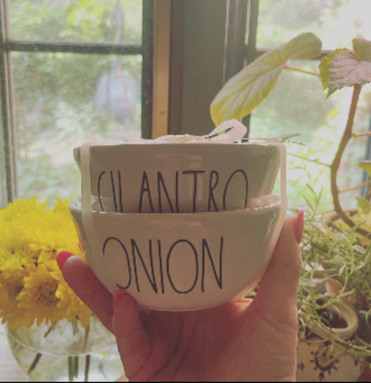 Rae Dunn Cilantro and Onion Bowls two pack white bowls with Black Lettering 