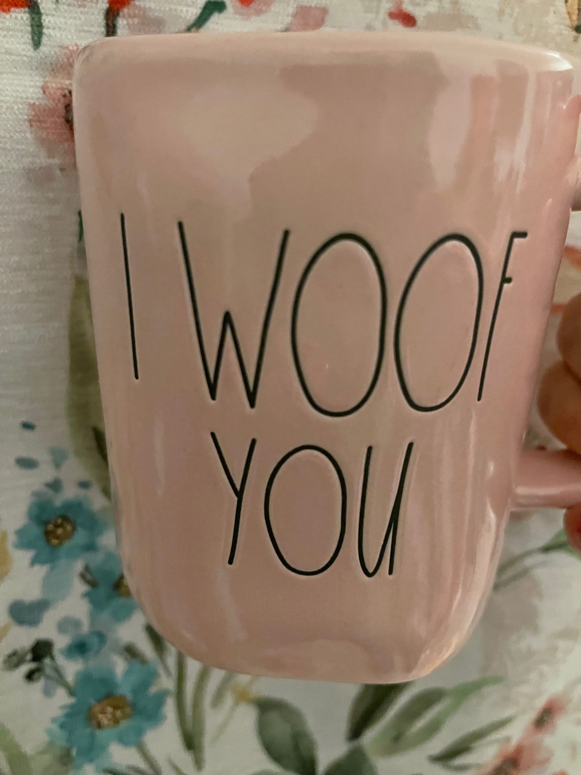 Rae Dunn I Woof You Pink with Black Lettering