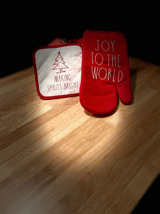 Rae Dunn Joy to the World & Making Spirits Bright Red Mitt and White Potholder