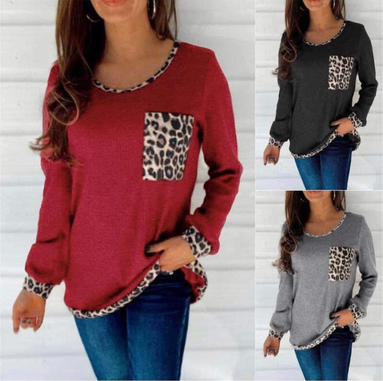 Women's Leopard Print  Pocket Long Sleeve Tee Top 