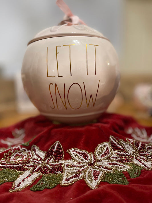 Rea Dunn Let It Snow Ornament Cookie Jar Pink with Gold Lettering