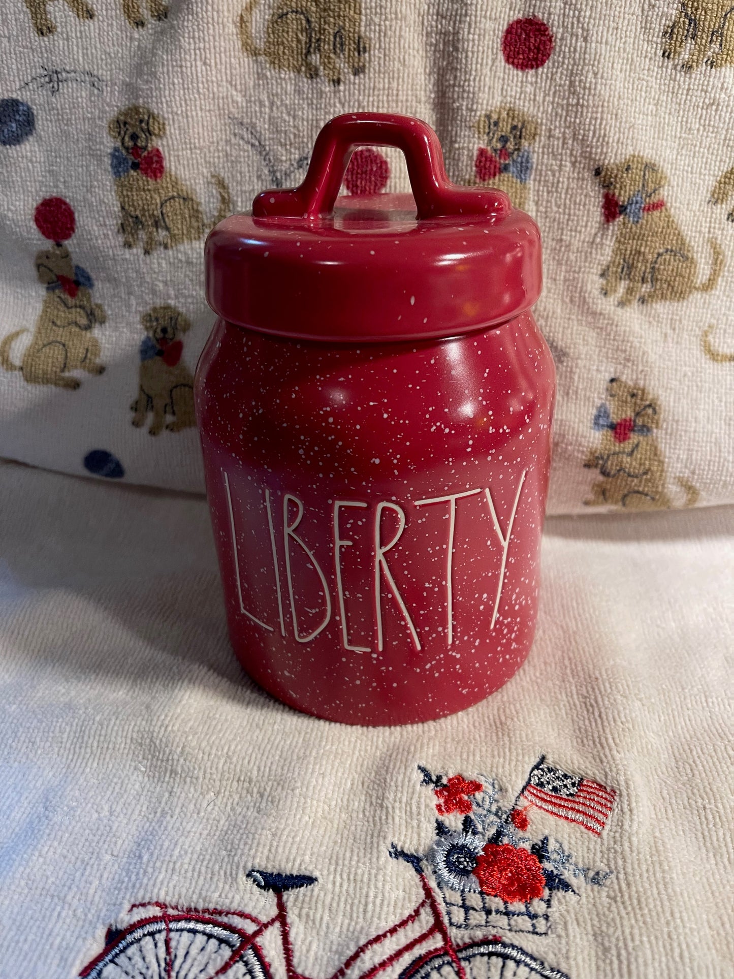 Rae Dunn Liberty Red Speckled White Lettering Baby Cani