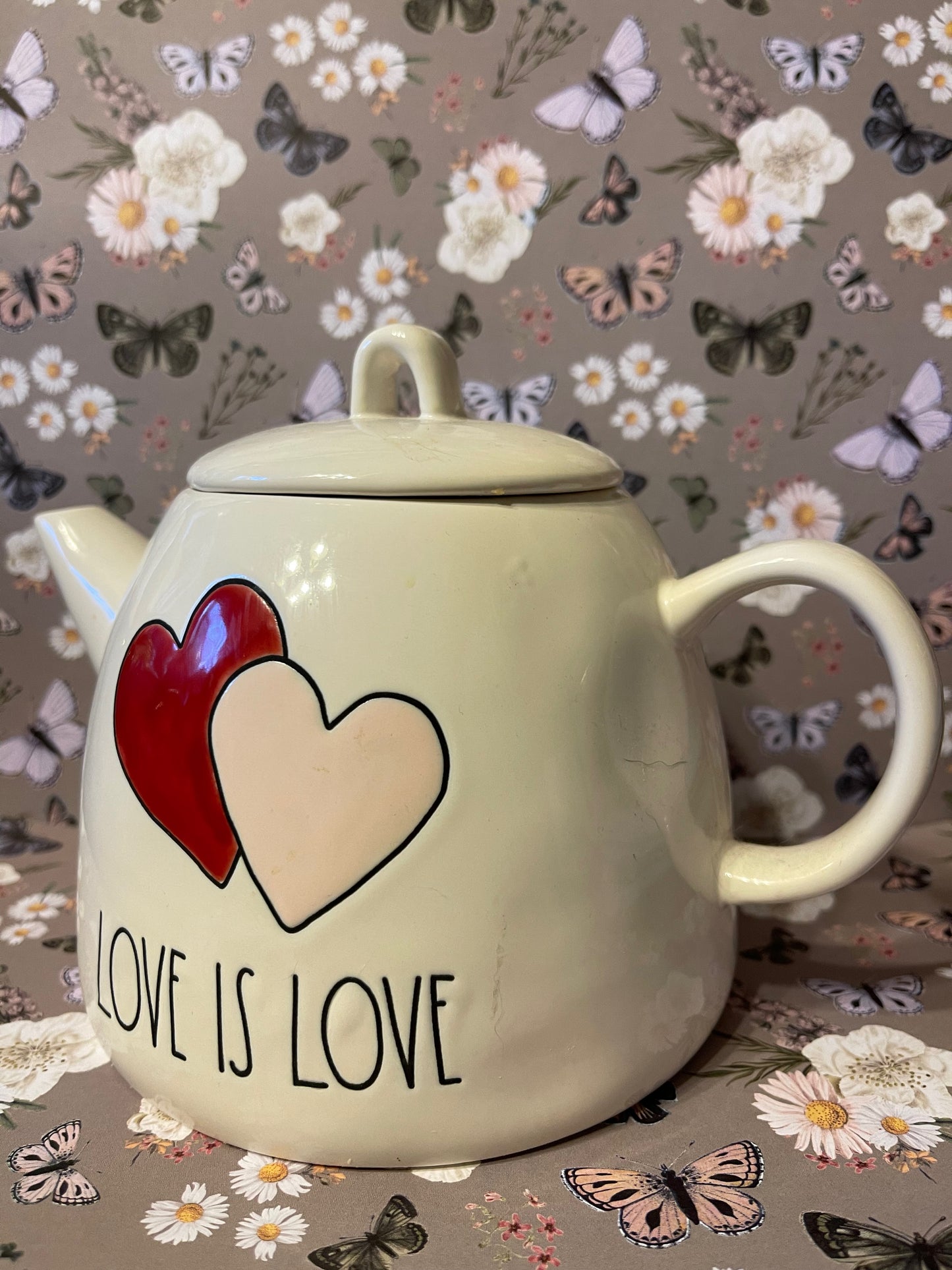 Rae Dunn Love Is Love White with Red/Pink Hearts Tea Pot 