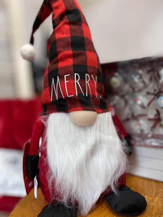 Rae Dunn Buffalo Plaid Gnome Merry in White Lettering