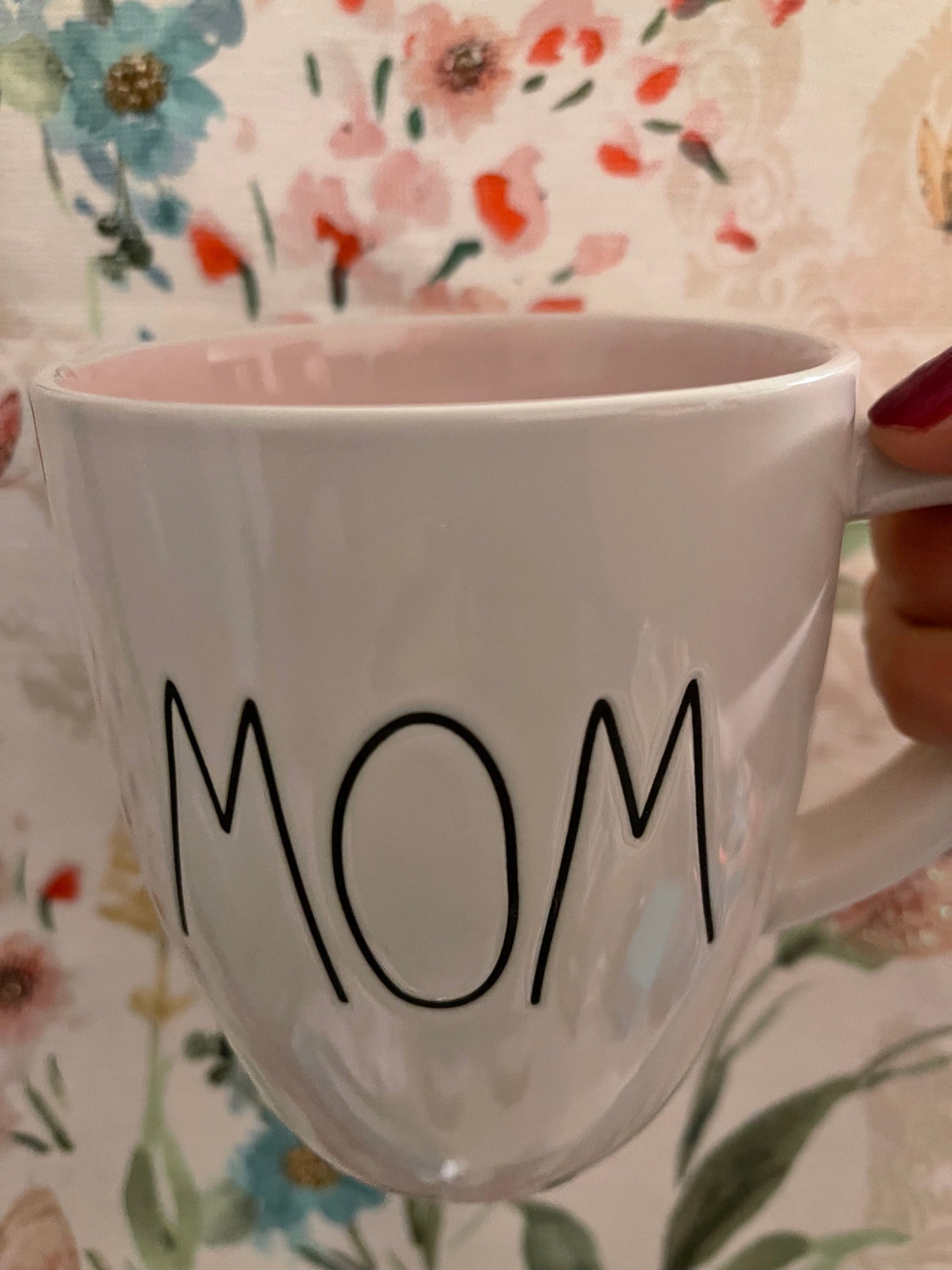 Rae Dunn Mom with Pink Inside and Pink Flower Image on Back of Cup