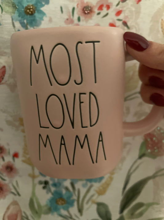 Rae Dunn Most Loved Mama Pink with Black Lettering