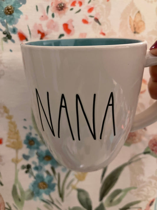 Rae Dunn Nana with Blue Flower on Back and Blue Inside of Mug