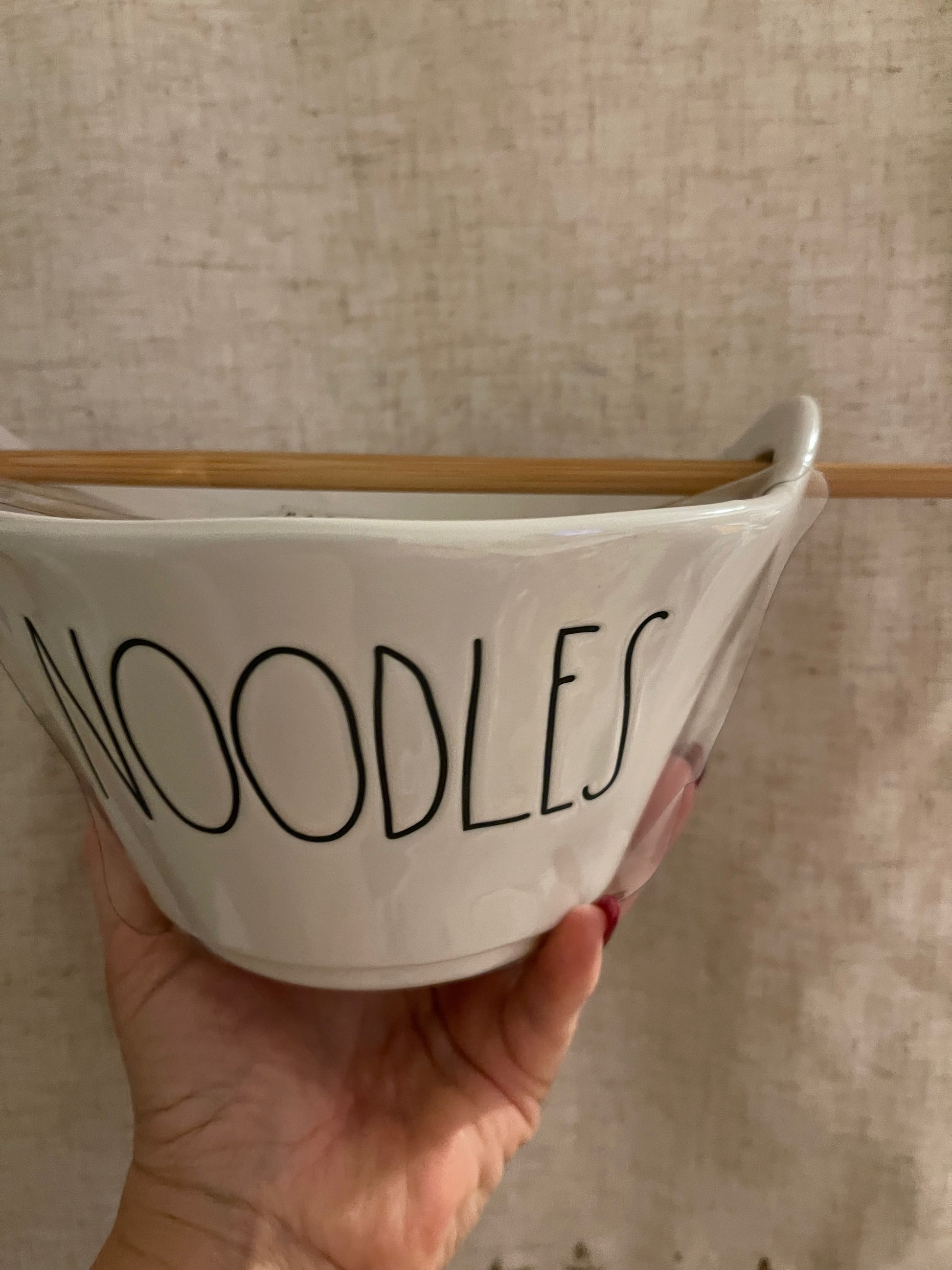 Rae Dunn Noodle Bowl with Chopsticks White and Black Lettering 