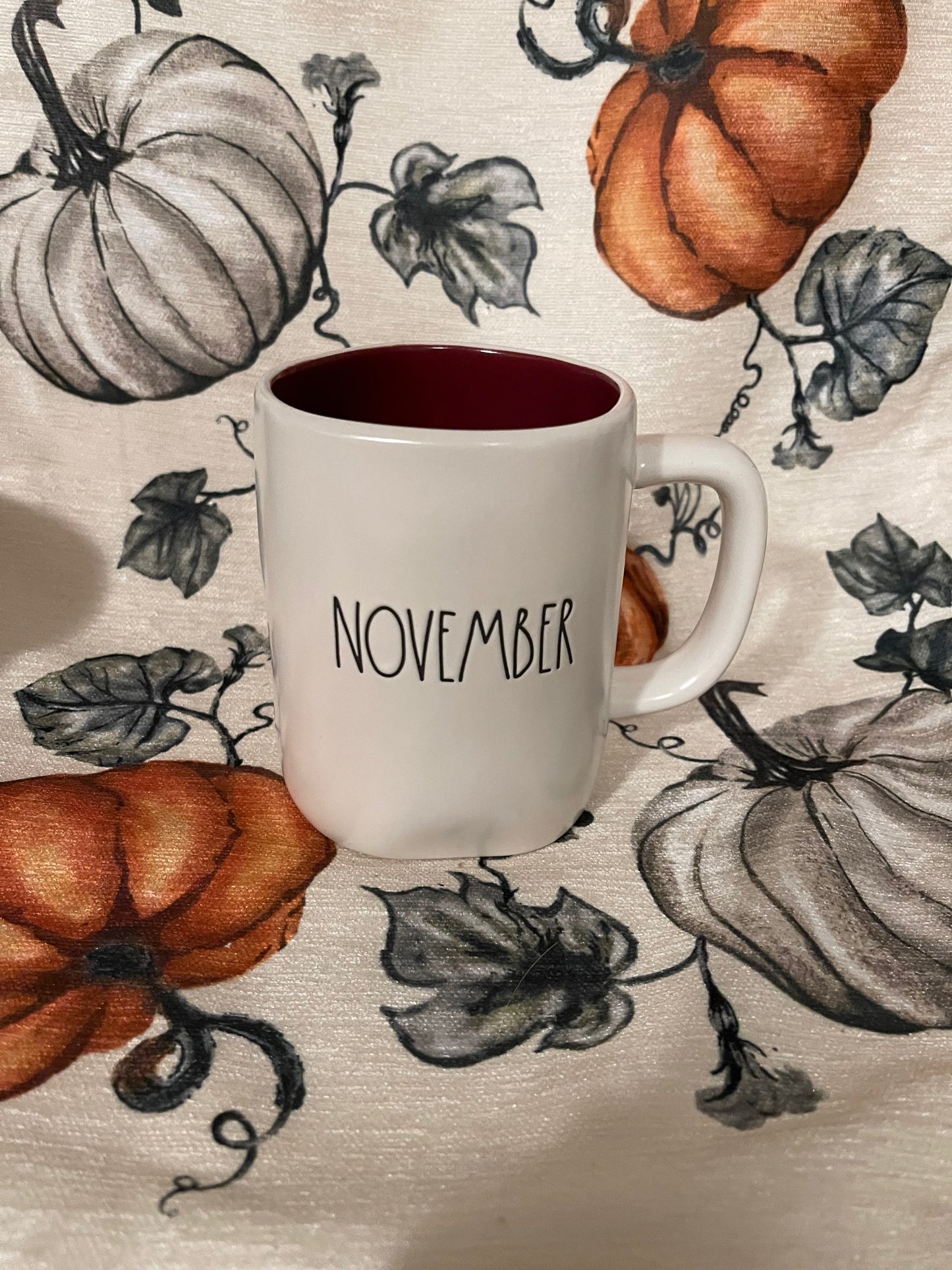 Rae Dunn November Mug White with Deep Cranberry Inside