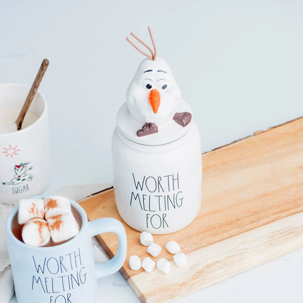 Rae Dunn Olaf White Pottery Canister "Worth Melting For" top has Olaf Character Face