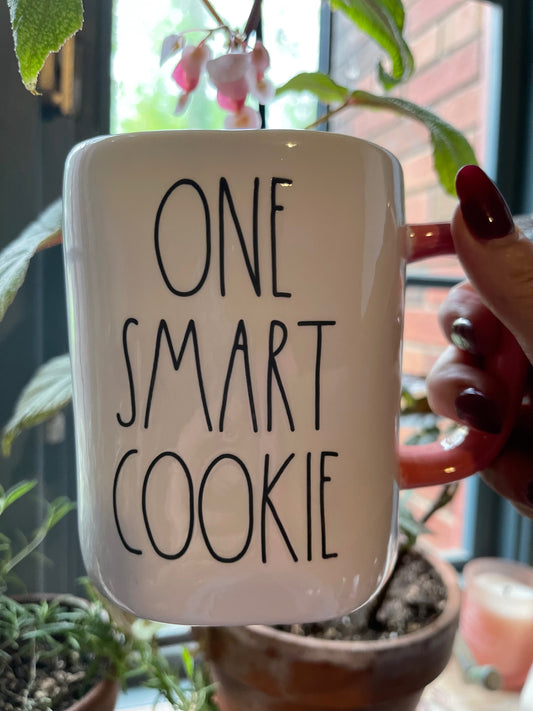 Rae Dunn "One Smart Cookie" White Mug Coral Handle and Inside with Black Lettering