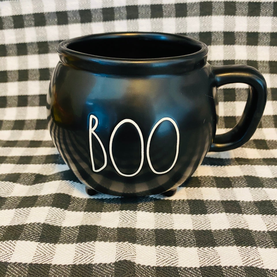 Rae Dunn Black Boo Cauldron Mug with White Lettering 