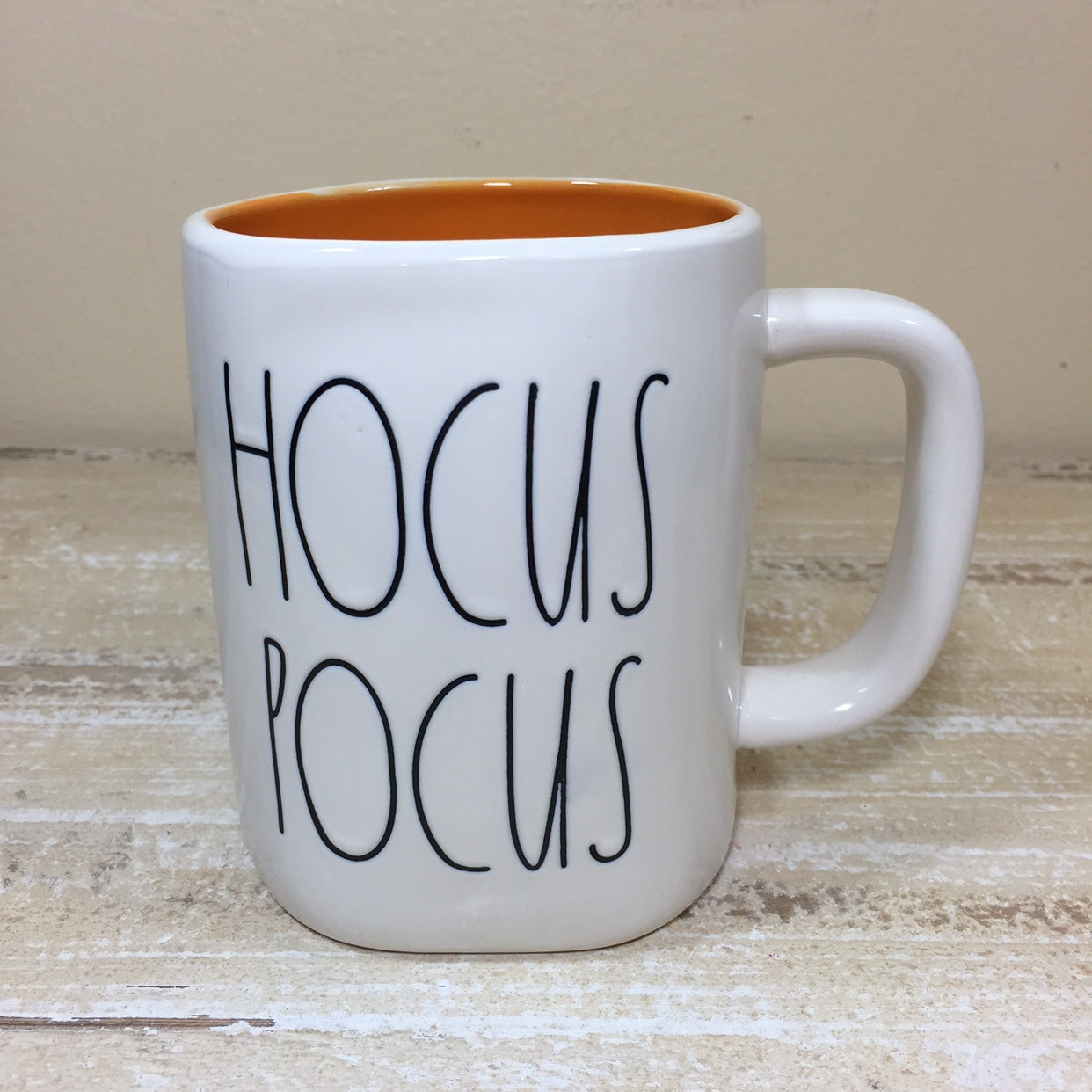 Rae Dunn Hocus Pocus Mug White with Orange Inside with Black Lettering 