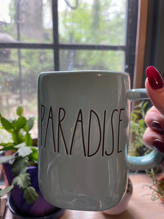 Rae Dunn "Paradise" Blue Mug with Black Lettering