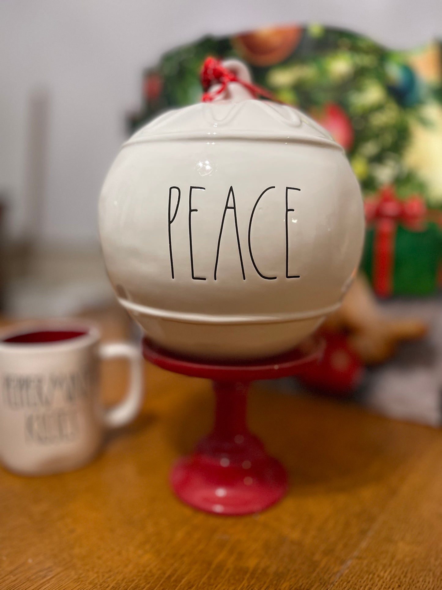 Rae Dunn Peace Ornament Medium Size White Ornament for Table Top or Mantle display with Black Lettering