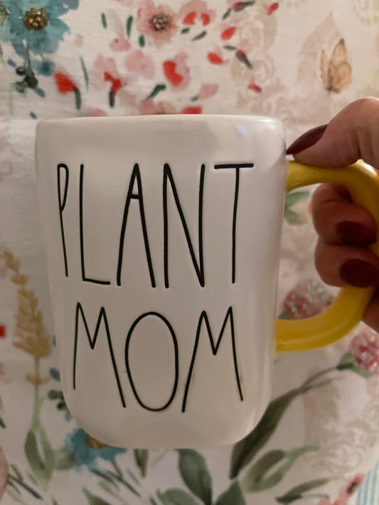 Rae Dunn Plant Mom with Yellow Inside and Yellow Handle and Black Lettering