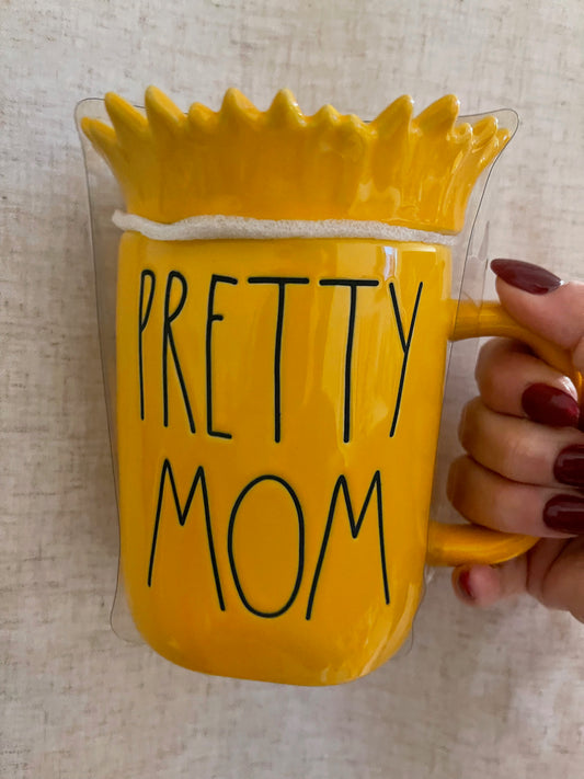 Rae Dunn Pretty Mom Yellow Mug with Sunflower Topper