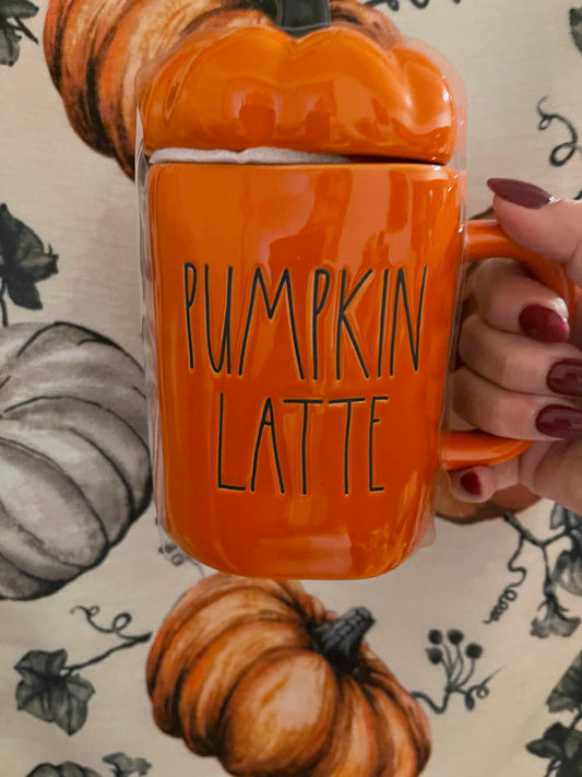 Rae Dunn Pumpkin Latte Orange with Black Lettering and Pumpkin Topper