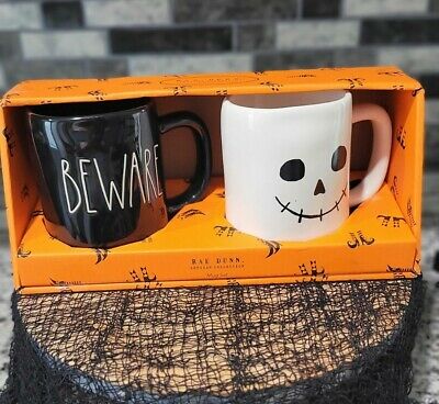 Rae Dunn White and Black Beware/Skeleton Mug Set