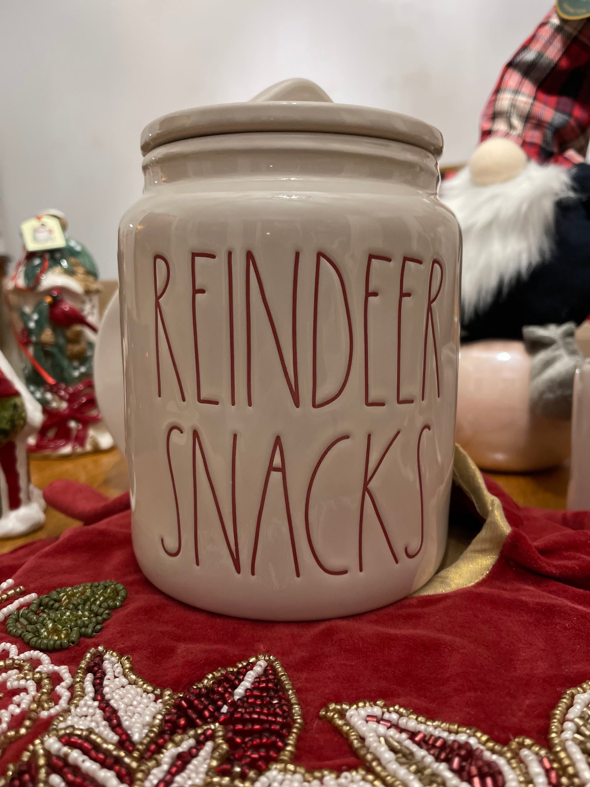 Rae Dunn Reindeer Snacks Canister White with Red Lettering