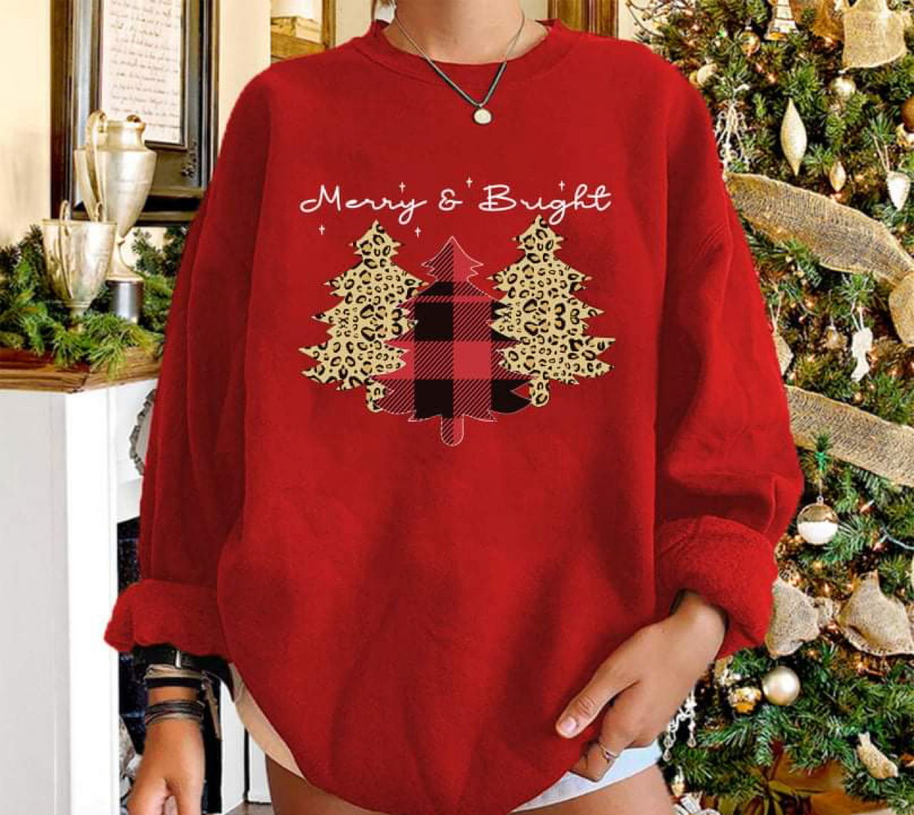 Merry And Bright Sweatshirt, Leopard Print Christmas Trees Shirt