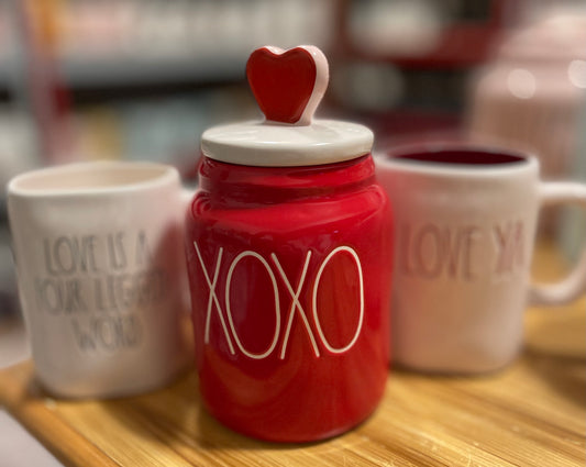 Rae Dunn Small Red Canister with White Lettering and Red Heart Lid