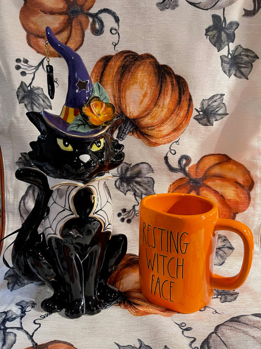 Rae Dunn Resting Witch Face Orange with Black Lettering