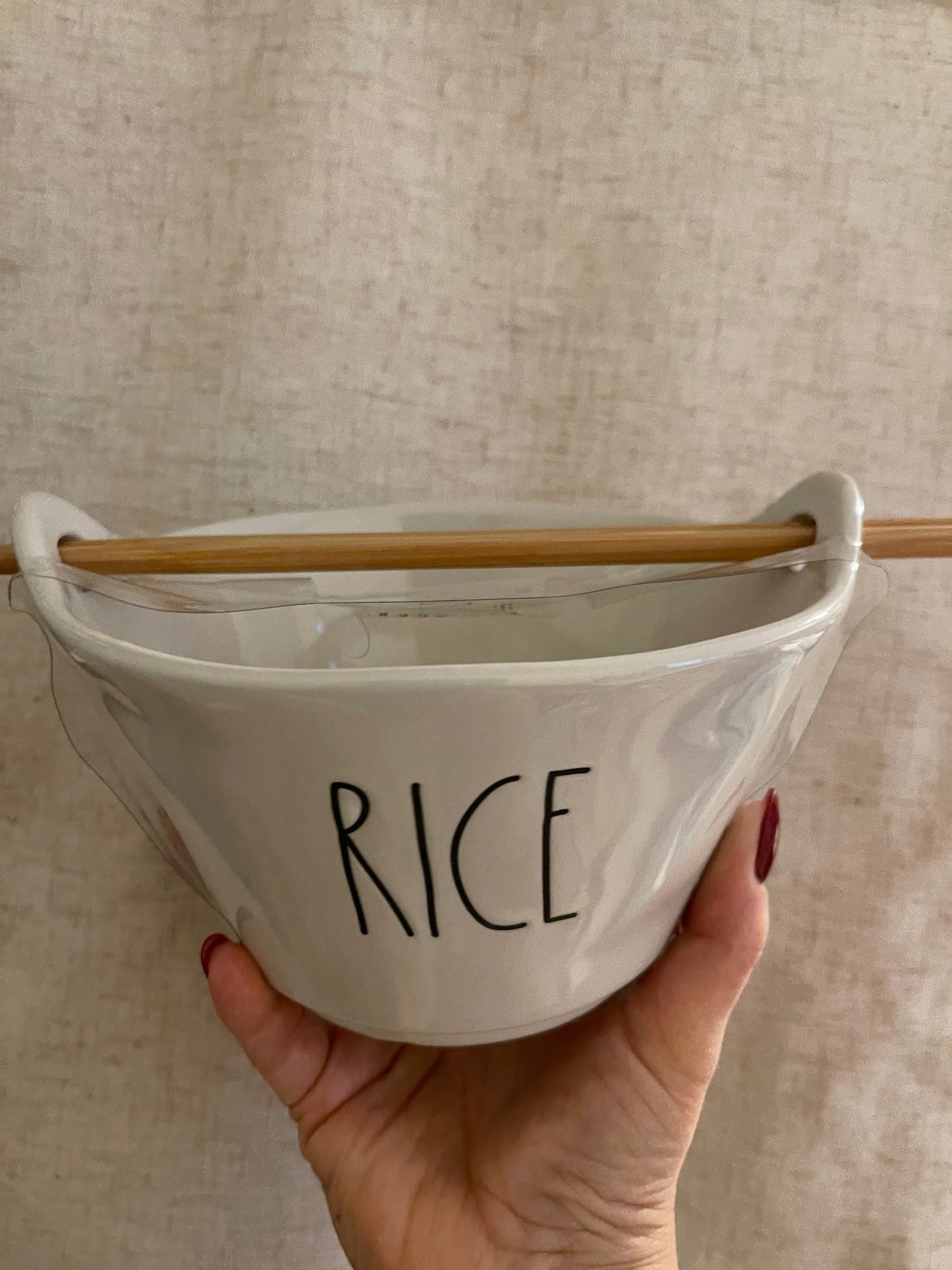 Rae Dunn Rice Bowl White with Chopsticks and Black Lettering