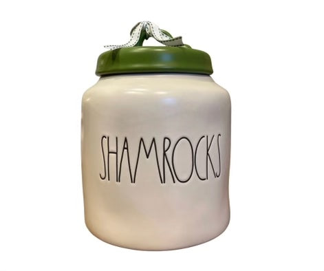 Rae Dunn Shamrocks White Ceramic Canister with Green Lid - Large