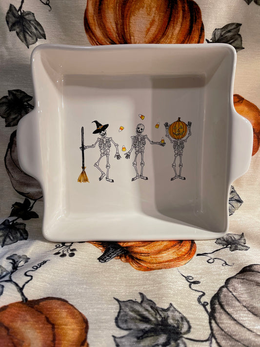 Rae Dunn Dancing Skeletons Baking Pan White 9X9