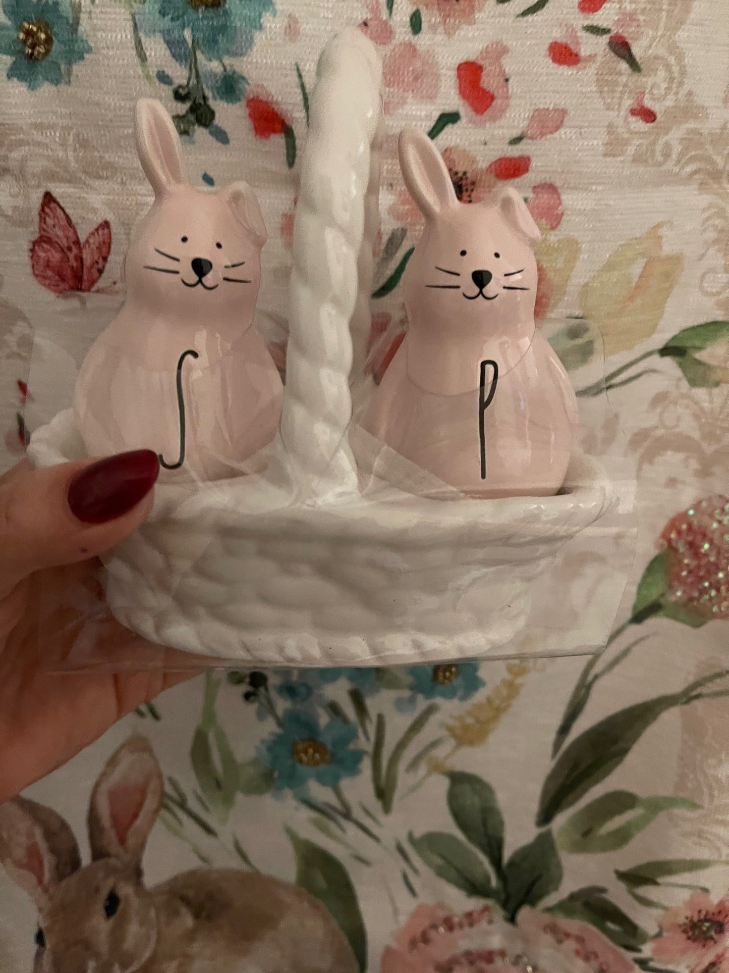 Rae Dunn Salt N Pepper Pink Bunnies with White Basket