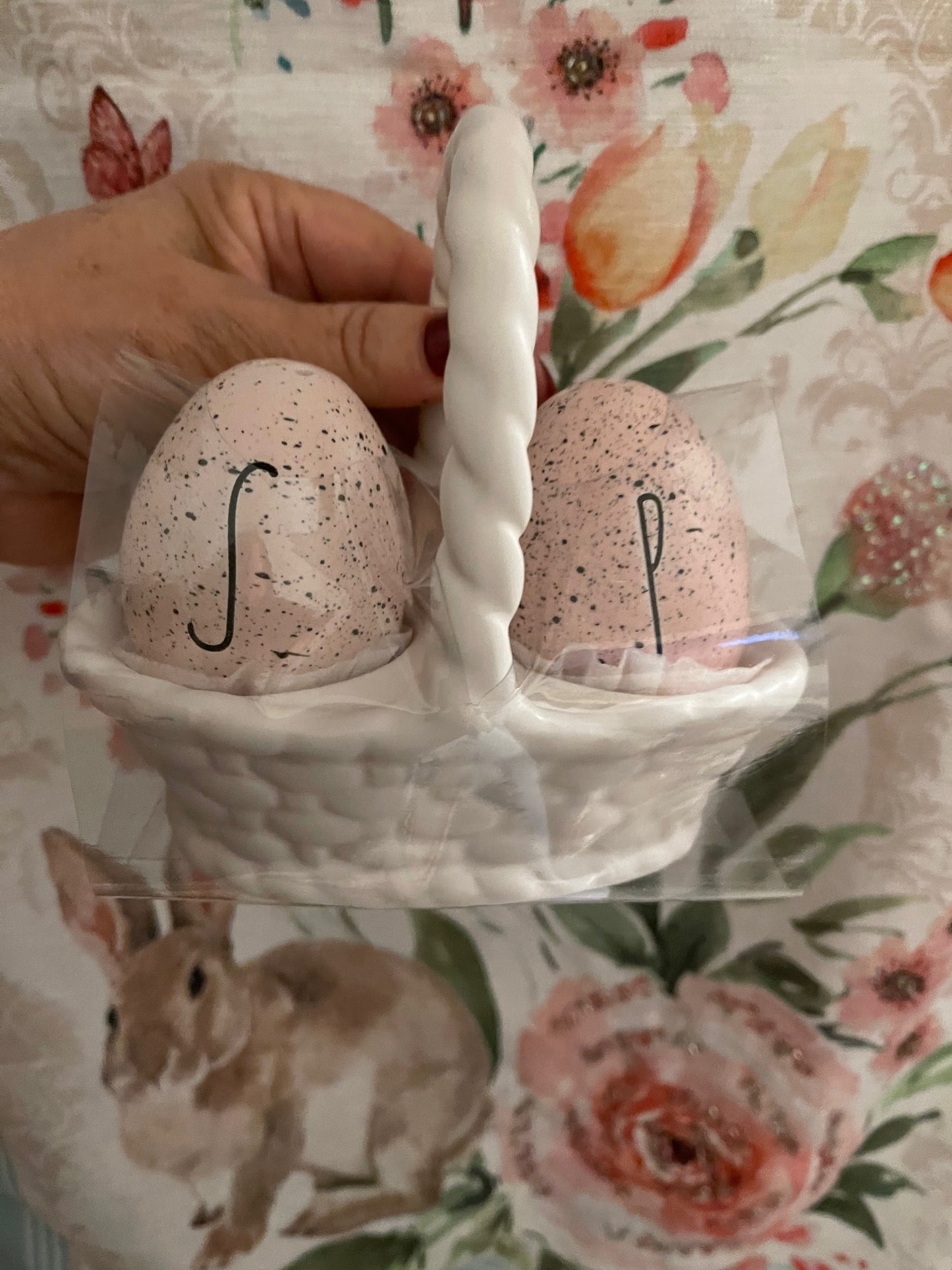 Rae Dunn Salt N Pepper Pink Speckled Eggs with White Basket