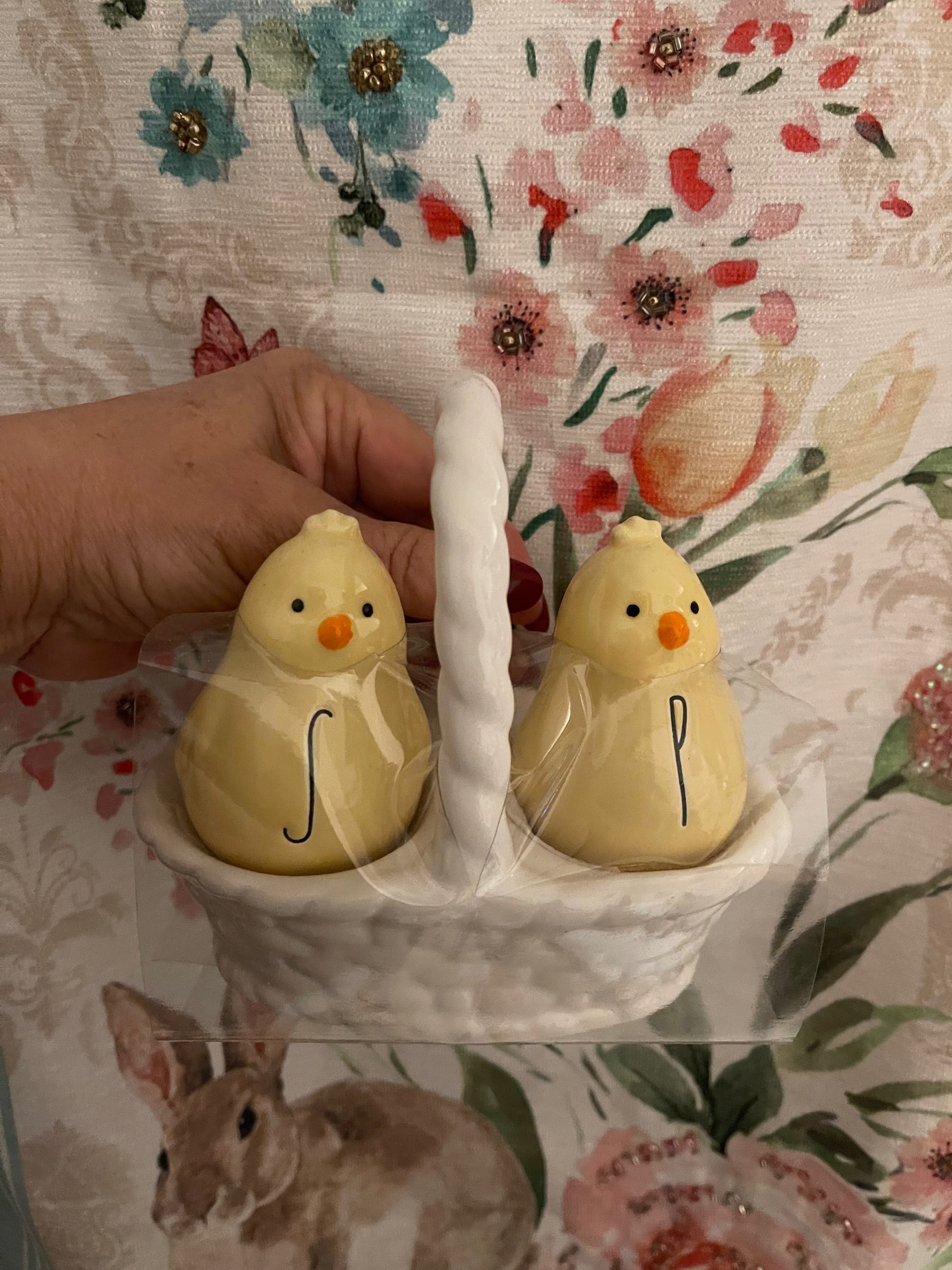 Rae Dunn Salt N Pepper Yellow Chicks with White Basket