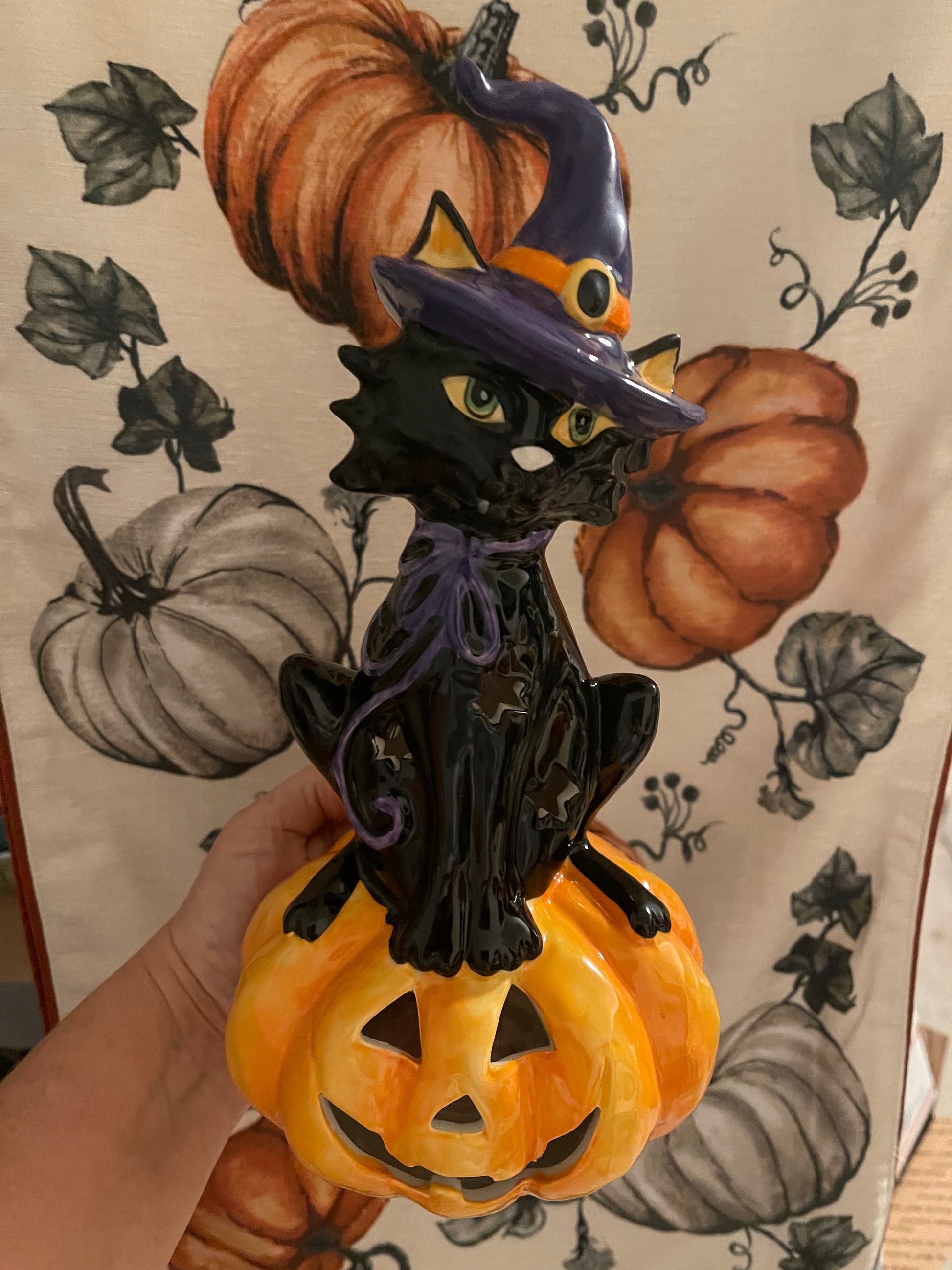 Blue Sky Spooky The Black Cat Candle House Sitting on a Pumpkin