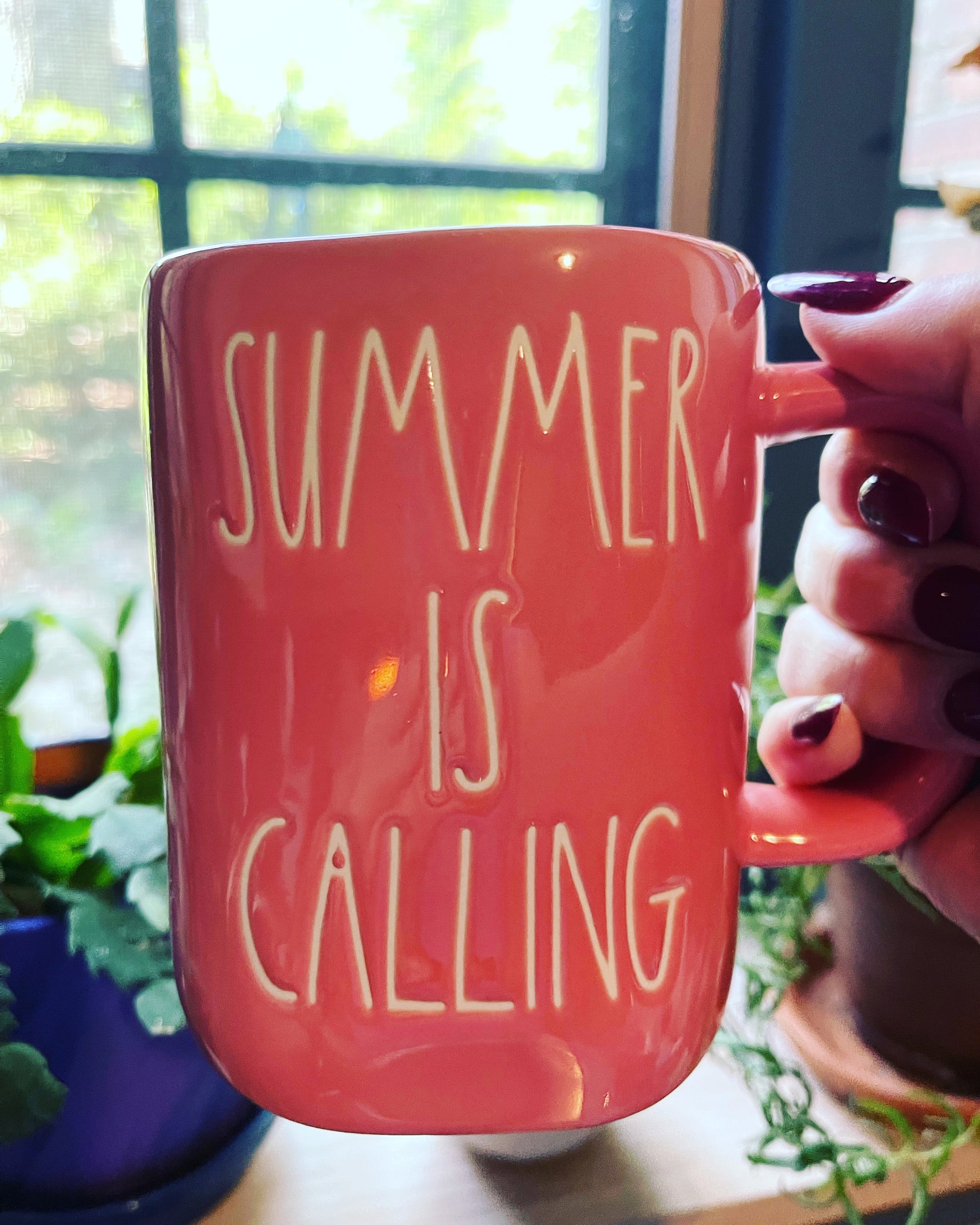 Rae Dunn Summer is Calling Coral Mug with White Lettering