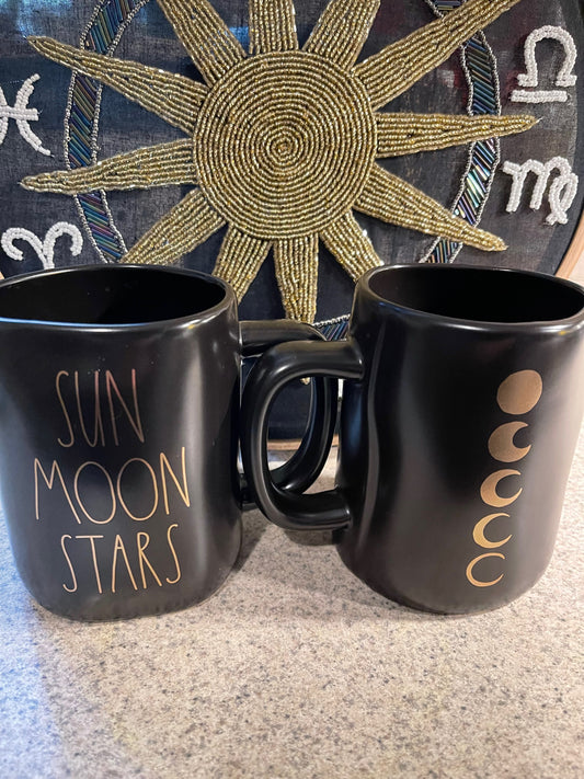 Rae Dunn Sun, Moon And Stars Black with Moon Phase Image on Back Gold Lettering